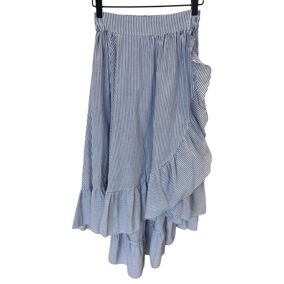 Maje Blue and White Striped Ruffled Wrap-Effect High-Low Maxi Skirt - Picture 10 of 13